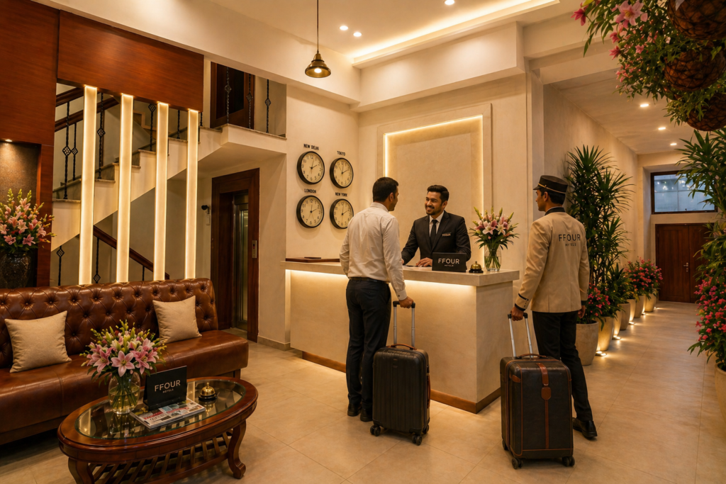 Hotel Grand FFOUR reception and front desk in East of Kailash, New Delhi